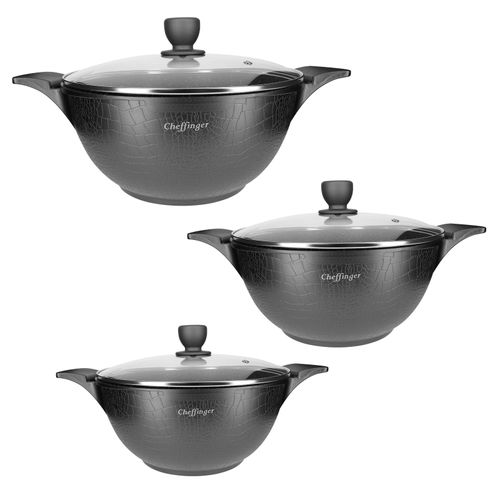 Ensemble De 3 Marmites 20 / 24 / 28cm Modèle Crocodile En Aluminium Résistant Cheffinger Noir