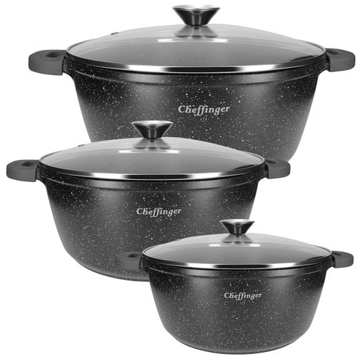 Ensemble De 3 Marmites 20/24/28 Cm Revêtu En Marbre Avec Couvercles Et Poignées Cheffinger Noir