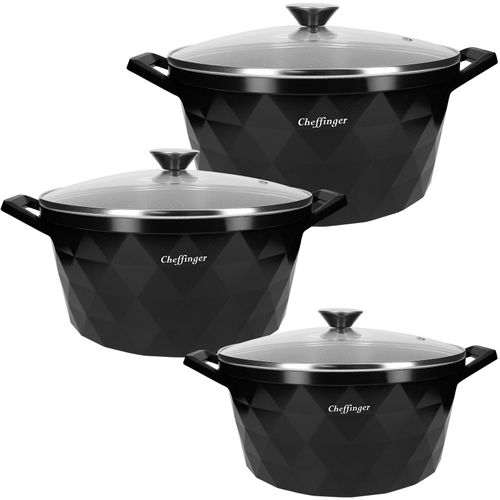 Ensemble De 3 Marmites 20 / 24 / 28 Cm Motif Diamant Avec Poignées Et Couvercles Cheffinger Noir