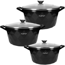 Ensemble De 3 Marmites 20 / 24 / 28 Cm Motif Diamant Avec Poignées Et Couvercles Cheffinger Noir