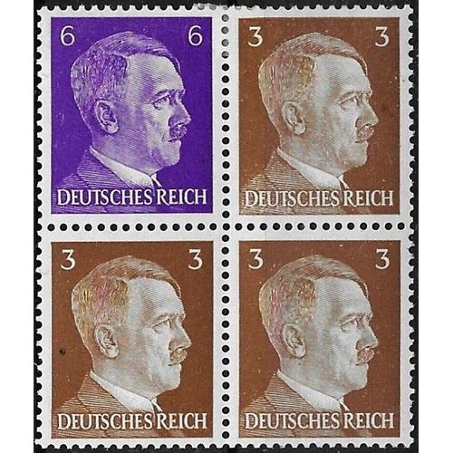 Allemagne, 3ème Reich 1941 / 43, Beau Mini-Bloc 4 Timbres Neufs**/* Yvert 706 Et 709, Chancelier Hitler 3pf. Brun Jeune Et 6pf. Violet.
