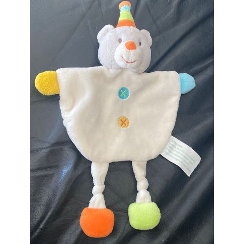 Doudou plat Ours Clown  blanc bleu et jaune kimbaloo 29cm