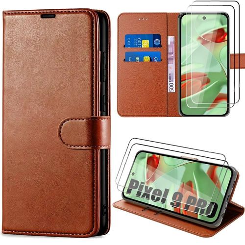 Coque + 2 Verres Trempés Pour Google Pixel 9 Pro - Protection Anti-Rayures Cuir Pu Marron Souple 360 Degré - E.F.Connection