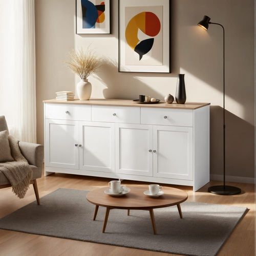 Console Blanche Bois 4 Portes 3 Tiroirs