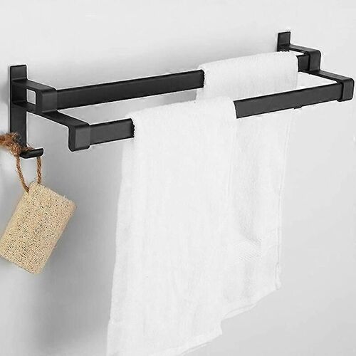Porte-serviettes adhésif, porte-serviettes noir mat, porte-serviettes avec deux barres porte-serviettes et un crochet, porte-serviettes en alliage d'aluminium non perforé + 2 crochets (30 cm)