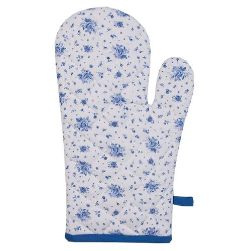 Gant De Cuisine 100% Coton Blanc Motif Fleuri Bleu 18x30cm