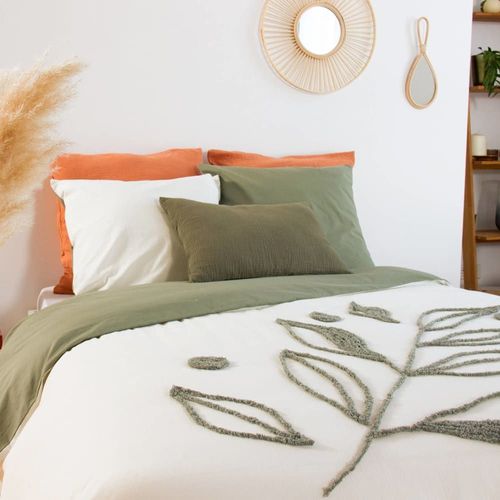Parure De Lit Blanc Et Kaki 240 X 220 Cm Coton