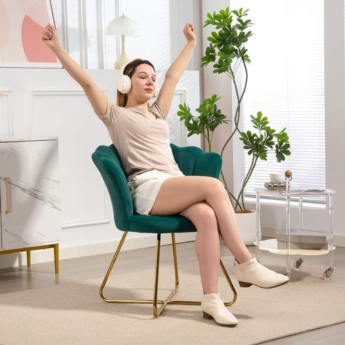 Fauteuil Coquillage Chaise Coiffeuse Velours À Pieds Acier Vert Foncé