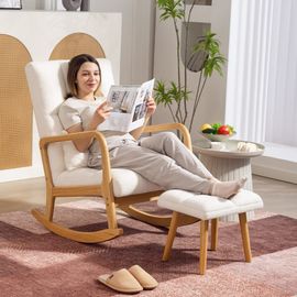 Fauteuil À Bascule Avec Repose-Pieds En Tissu Bouclette Blanc