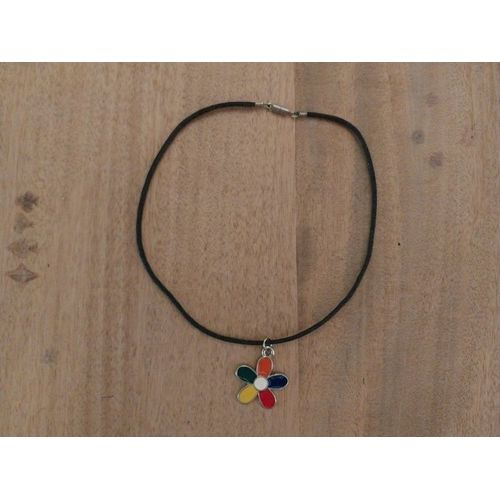 Collier Cordon Coton Noir Pendentif Fleur