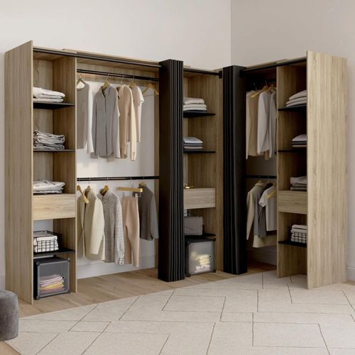 Dressing Extensible D'angle Marlon 230 X 140 X 180 Cm Cm Hêtre Avec Penderies + Étagères + Rideaux Noirs