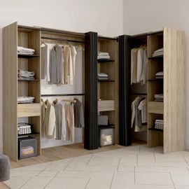 Dressing Extensible D'angle Marlon 230 X 140 X 180 Cm Cm Hêtre Avec Penderies + Étagères + Rideaux Noirs