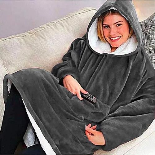 Femmes Hommes Huggle Hoodie Couverture 120 Cm Manches Longues En Peluche Lazy Tv Pull En Plein Air Robe Chaude Gris Taille Unique