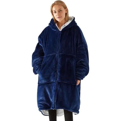 Plaid Pull Sweat À Manche - Amoune - Marin - 100% Polyester - Capuche En Fausse Fourrure - Grandes Poches