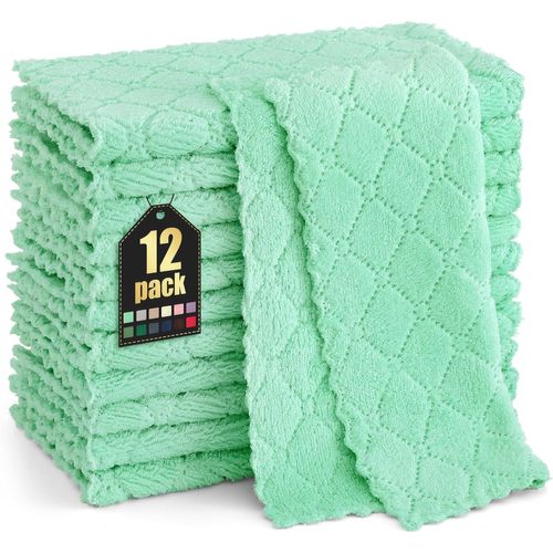 TIANYI-Lot de 12 chiffons de nettoyage en microfibre doux et non pelucheux - 25 x 25 cm - Vert