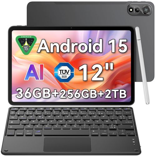 Blackview x Gemini AI 2.0 MEGA 2 WiFi Tablette 12" 90Hz, RAM 36 Go ROM 256 Go/SD 2 To,Android 15 WiFi 6, 9000mAh PC 2.0 Gris Avec Clavier K1