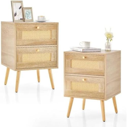 Costway Lot De 2 Table De Chevet En Rotin, 2 Tiroirs Et 4 Pieds En Pin, Porte Cannage, Pour Salon, Chambre, 40 X 40 X 59 Cm