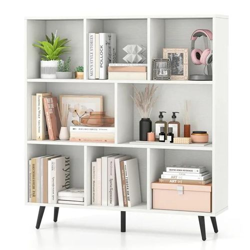 Bibliothèque Etagère À 8 Cubes Costway Avec 5 Pieds Métalliques, 2 Kits Antichute Pour Salon, Bureau, Chambre, 100x24x107 Cm Blanc