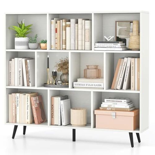 Bibliothèque Etagère À 10 Cubes Costway Avec 5 Pieds Métalliques, 2 Kits Antichute Pour Salon, Bureau, Chambre, 120x24 X107cm Blanc