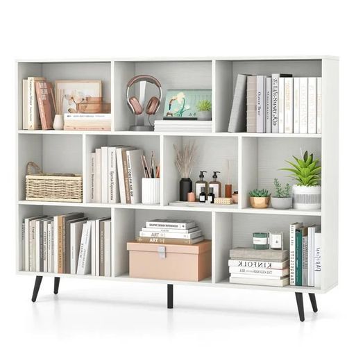 Bibliothèque Etagère À 10 Cubes Costway Avec 5 Pieds Métalliques, 2 Kits Antichute Pour Salon, Bureau, Chambre, 140x24x107cm Blanc