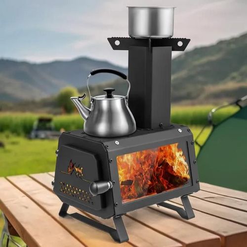COSTWAY Mini Poêle à Bois Portable en Acier Carbone avec 2 Positions de Cuisson, Poignée Anti-brûlure pour Cuisine Camping Barbecue