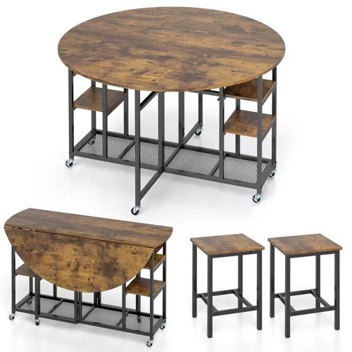 Costway Ensemble Table À Manger Pliante 3 Pièces Avec 2 Tabourets - Étagères De Rangement - 6 Roues Universelles