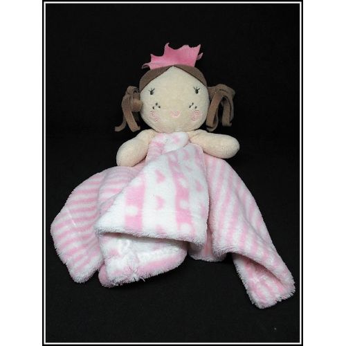 Doudou Princesse Reine - Poupée Fille - Couette Brune - Plat Rose & Blanc - Coeur