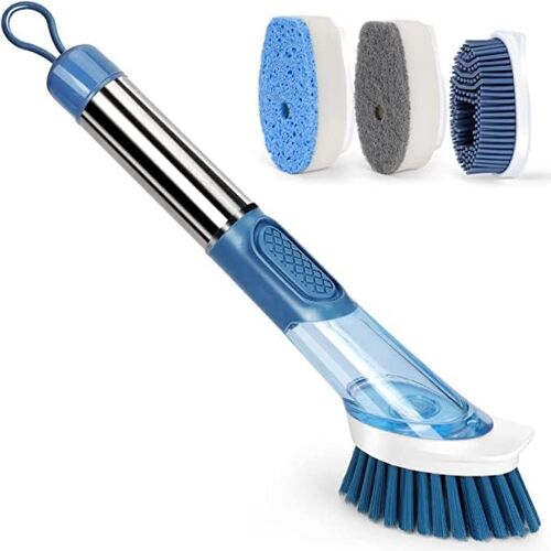 Vaisselle avec Reservoir,à Vaisselle avec Manche,Distributeur Savon Multifonction,pour Nettoyage Cuisine,Vaisselle,Casseroles,évier-4 Tête Rechange (Bleu)