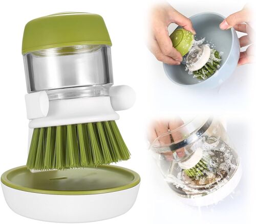 Brosse à Vaisselle avec Distributeur de Liquide Vaisselle, Nettoyage Brosse avec Support et Liquide Détergent de Rechargeable pour Nettoyer Les éviers, Casseroles, Vaisselle, etc (Vert)
