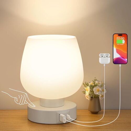 Touch Bedside Lamp, Small Cord Table Lamp With Charging Ports Usb-A+C Dimmable 3 Way For Bedroom Kids Living Room, White Glass Lampshade, Led Bulb Included