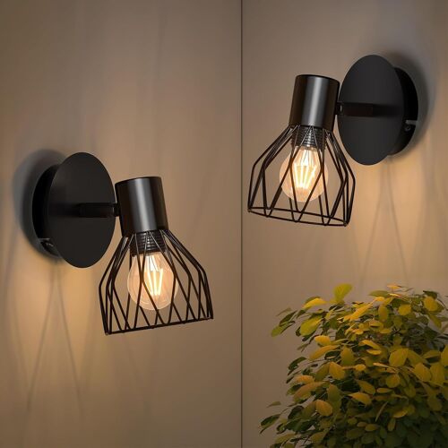 Applique Murale Interieur,Vintage Lampe Murale Douille E14,Orientable 350° & Pivotant 90° Spot Mural,40w Max. Industrielle Appliques Noir Pour Salons,Chambres,Couloir,Escaliers,Lot De 2
