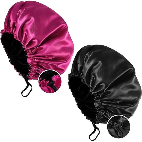 Paquet De 2 Bonnets De Nuit En Satin,Femmes Cheveux Longs Bouclés Bonnets De Nuit En Soie Réglables (Rouge + Noir)