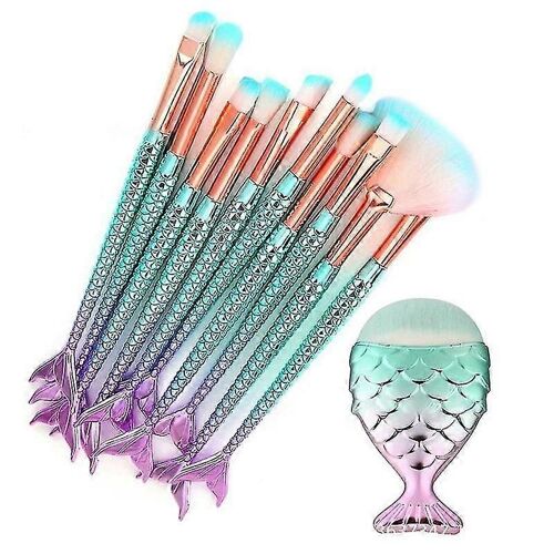 Ensembles De Pinceaux De Maquillage Sirène,11 Pcs Sirène Maquillage Cosmétique Ensemble Doux Nylon Poils Beauté Pinceaux Kit Fond De Teint Poudre Crème Sourcils Eyeliner 