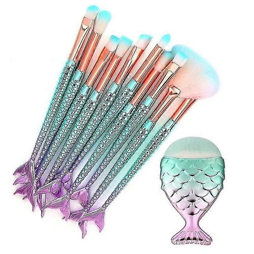 Ensembles De Pinceaux De Maquillage Sirène,11 Pcs Sirène Maquillage Cosmétique Ensemble Doux Nylon Poils Beauté Pinceaux Kit Fond De Teint Poudre Crème Sourcils Eyeliner 