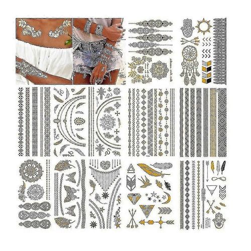 Tatouages Temporaires Métalliques Pour Les Femmes Adolescentes Filles - 12 Feuilles Or Argent Tatouages Temporaires Paillettes Scintillant Motifs Bijoux Tatouages,Flash Faux Eau 