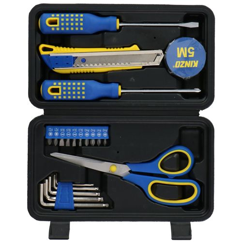 Kinzo Mallette d'Outils 21 Pièces - 2x Tournevis, Ciseaux, Couteau, Clés Allen, Ruban adhésif