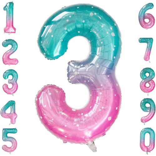 Nombre de ballons,40 pouces de ciel étoilé dégradé Numéro 3 ballons,feuille d'hélium géante Mylar ballons de fête arc-en-ciel auto-gonflants pour l'espace d'anniversaire