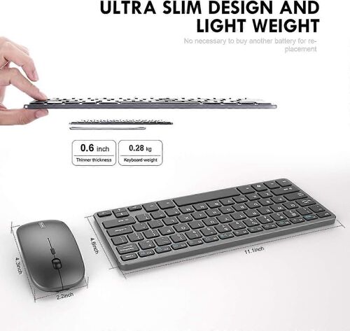 Kit clavier et souris sans fil rechargeable,souris sans fil 2.4G ultra mince et silencieuse et QWERTY UK