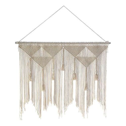 Tenture murale en macramé Boho tissé tapisserie,beige blanc pompon décor rideau pour toile de fond à la maison (bois S