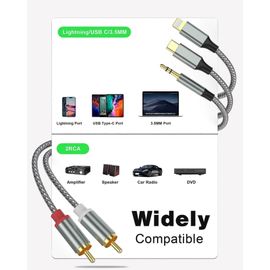 Câble Lightning vers RCA Adaptateur audio auxiliaire,câble RCA vers 3,5 mmCâble audio USB C vers 2 RCA,câble audio 3 en 1 pour voiture,home cinéma,haut-parleur et plus encore