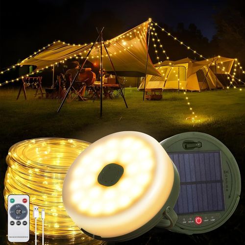Guirlande Lumineuse Exterieure Camping,12m 130 Led Guirlande Lumineuse Escamotable,3 En 1 Solaire Guirlande Camping Extérieures,3600 Mah Guirlande Camping Avec Powerbank(Blanc Chaud)