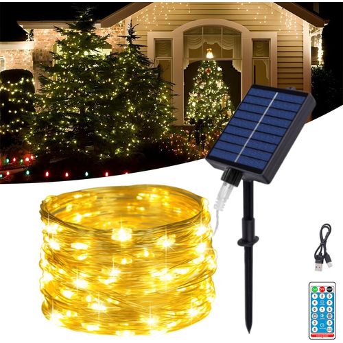 Kal-Guirlande Lumineuse Solaire D'extérieur - 10 M - 100 Led - Fil De Cuivre - Étanche Ip65 - Avec 8 Modes Et Télécommande - Pour Balcon, Cour - Blanc Chaud
