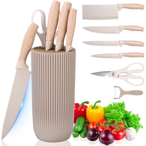 JEXNOVASHOP-Couteau Cuisine, Couteaux et Ustensiles de Cuisine, 7 pièces Set Couteaux de Cuisine, avec Siège de Couteau, pour La Maison, Le Restaurant, Le Pique-Nique (Kaki)