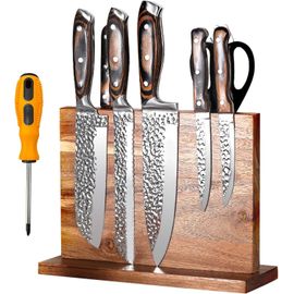 Chenquansarl-Porte Couteaux Aimanté, Porte Couteaux Cuisine, Bloc Couteaux Magnétique Bois D'acacia, Aimanté Double Face Porte, Range Couteau De Cuisine Avec Aimant Puissant, Antidérapant Et Encombra