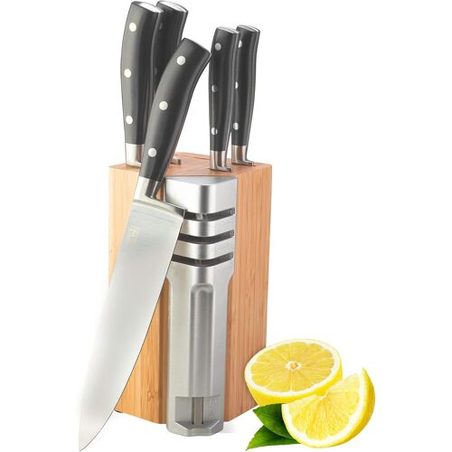 Jexnovashop-Henley Bloc De Couteaux De Cuisine 5 Pièces En Acier Inoxydable Et Support En Bois De Bambou