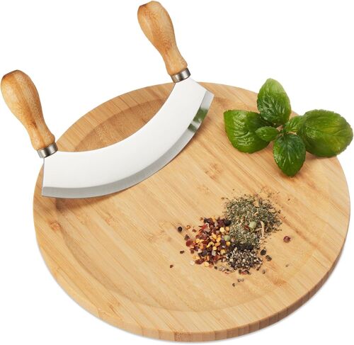 Mevronisshop-Hachoir Berceuse Avec Planche, Bambou & Acier Inoxydable, Couteau À Herbes, Plateau De 25 Cm, Nature - Argenté