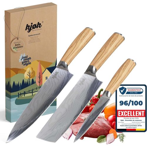 Premium Ensemble De Couteaux De Cuisine Professionnels Dureté 58±2 Hrc Set Couteu Japonais Avec Étui Et Manche En Bois D'olivier - Un Couteau Nakiri, Un De Chef Asiatique 20cm Et Un De 13cm