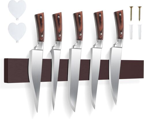 Jexnovashop-Porte Couteaux Aimanté Mural 40 Cm, Bloc Couteaux Cuisine En Bois Avec Aimants Puissants Et 2 Crochets Autocollants, Range Couteaux De Cuisine Et Ustensiles, Design Élégant (Marron)