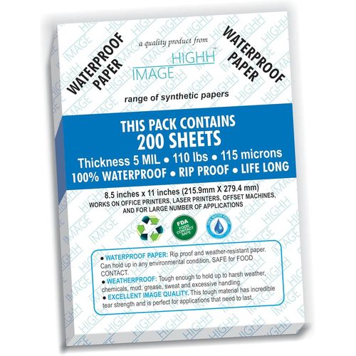 Waterproof Synthetic Paper | 200 Sheets 5 Mil Thick 50Kg Synthetic Paper 8.5" X 11" By | Laser Printing | Desktop Printers