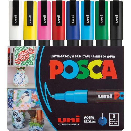 Mitsubishi Pencil - 8 Marqueurs Pc3m - Pointe Conique Fine - Marqueurs Peinture À Base D'eau - Tout Support, Papier, Textile, Verre, Galet, Bois - Couleurs Classiques